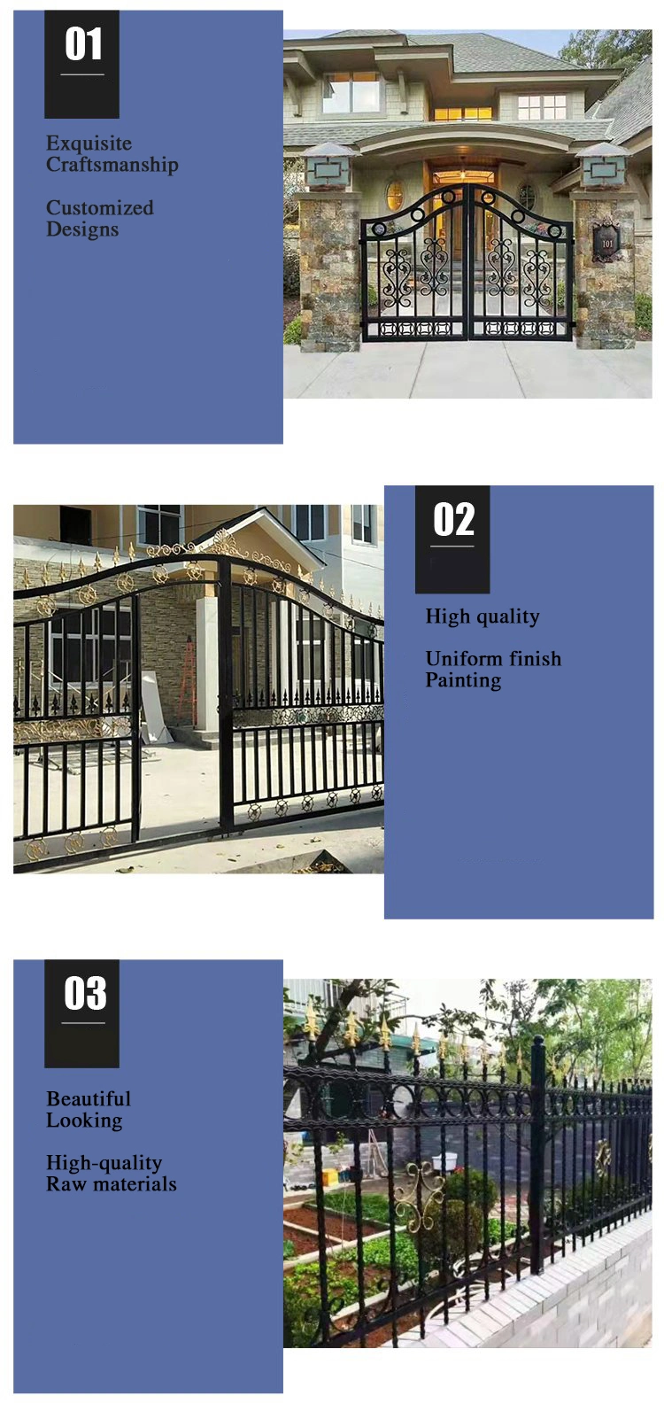 Multicolor Residential and Commercial Ornamental Wrought Iron Metal Garden Fencing Iron Gates