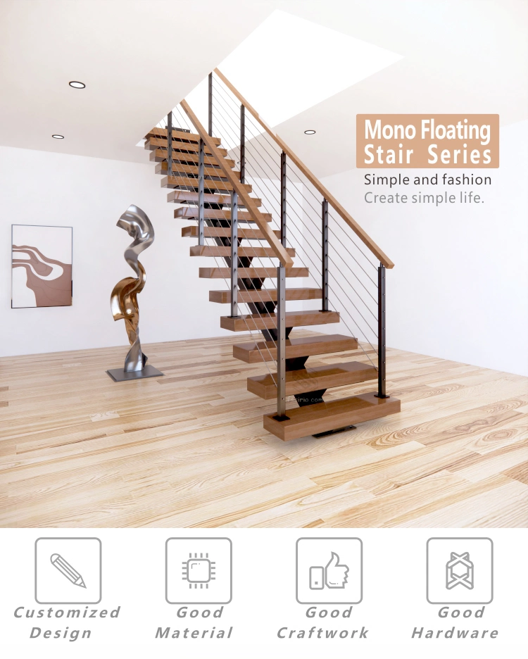 Customize Factory Metal Stringer Timber Step Glass Railing Floating Staircases